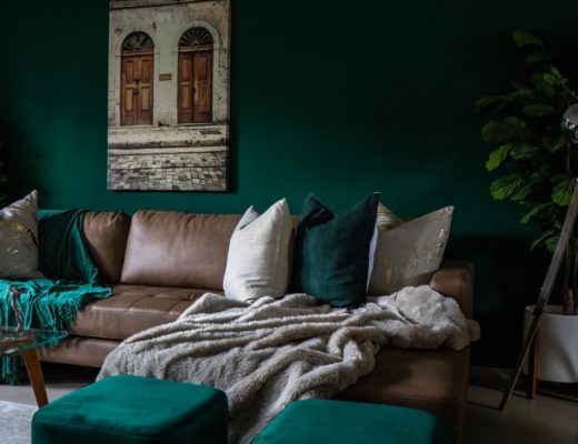 brown leather padded sofa with throw pillows inside house